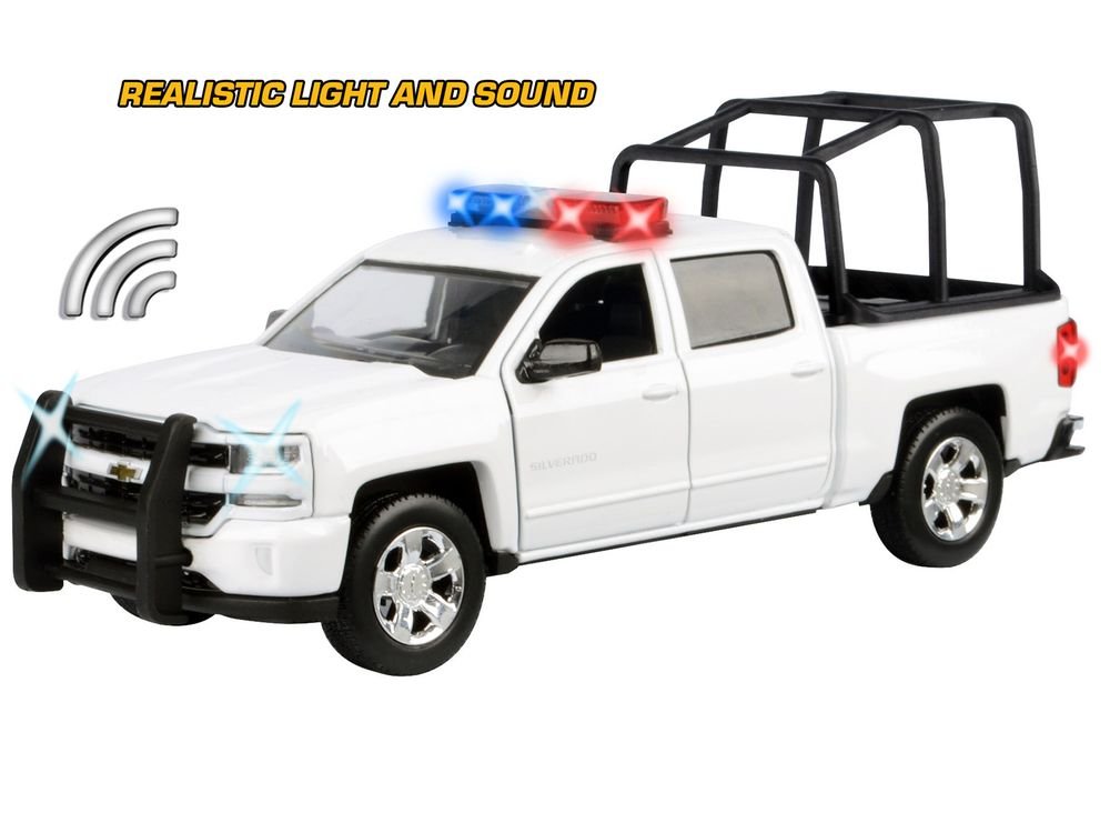 2017 Chevrolet Silverado 1500 LT Z71 Crew Cab Pickup Truck with White with Flashing Light Bar and Front and Rear Lights and Sounds 1/24-1/27 Diecast Model Car by Motormax view 3