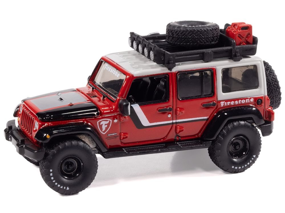 2018 Jeep Wrangler JK Unlimited Sport "Firestone Field Agent" Red with Graphics and Gray Top with Roof Rack "Big Country Collectibles" 2025 Series 1/64 Diecast Model Car by Auto World view 2