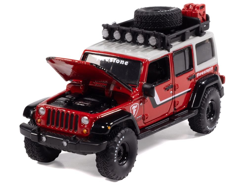 2018 Jeep Wrangler JK Unlimited Sport "Firestone Field Agent" Red with Graphics and Gray Top with Roof Rack "Big Country Collectibles" 2025 Series 1/64 Diecast Model Car by Auto World view 3