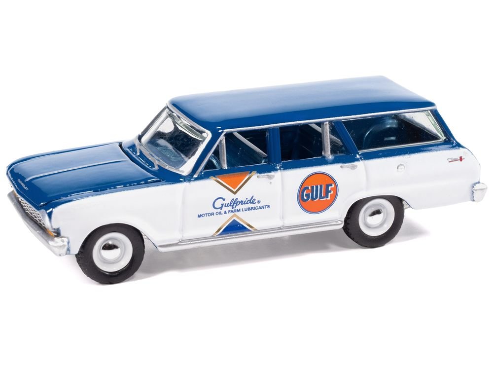 1963 Chevrolet II Nova 400 Wagon "Gulf" Blue and White with Blue Interior "Big Country Collectibles" 2025 Series 1/64 Diecast Model Car by Auto World view 2