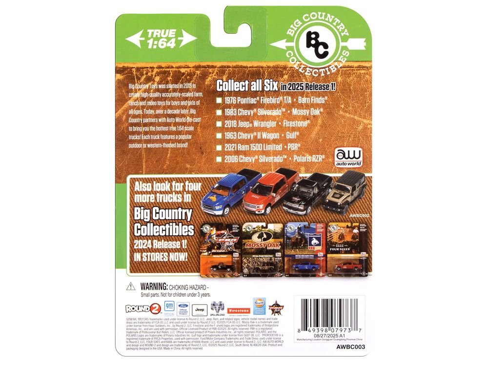 2021 Ram 1500 Limited Pickup Truck "PBR (Professional Bull Riders)" Gray Metallic with Graphics "Big Country Collectibles" 2025 Series 1/64 Diecast Model Car by Auto World view 2