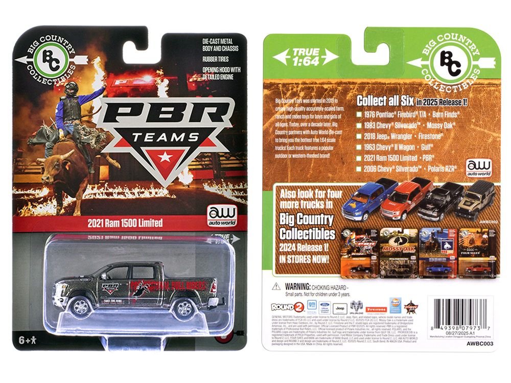 2021 Ram 1500 Limited Pickup Truck "PBR (Professional Bull Riders)" Gray Metallic with Graphics "Big Country Collectibles" 2025 Series 1/64 Diecast Model Car by Auto World view 3
