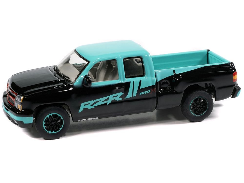 2006 Chevrolet Silverado Pickup Truck "Polaris RZR" Black and Blue "Big Country Collectibles" 2025 Series 1/64 Diecast Model Car by Auto World view 2