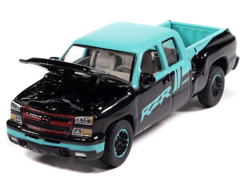 2006 Chevrolet Silverado Pickup Truck "Polaris RZR" Black and Blue "Big Country Collectibles" 2025 Series 1/64 Diecast Model Car by Auto World view 3