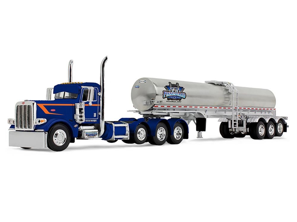Peterbilt 389 Tri-Axle Day Cab and Walker Food Grade Tank Trailer "Finnesgard Trucking" Blue with Orange Stripes 1/64 Diecast Model by DCP/First Gear view 2