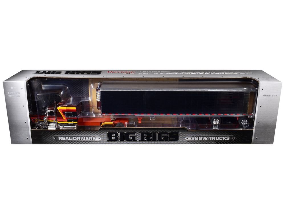 Peterbilt 389 Pride-N-Class with 70" Mid-Roof Sleeper and 53' Utility Trailer with Reefer "Hurricane Express" Brown with Stripes "Big Rigs" Series II #4 1/64 Diecast Model by DCP/First Gear view 3