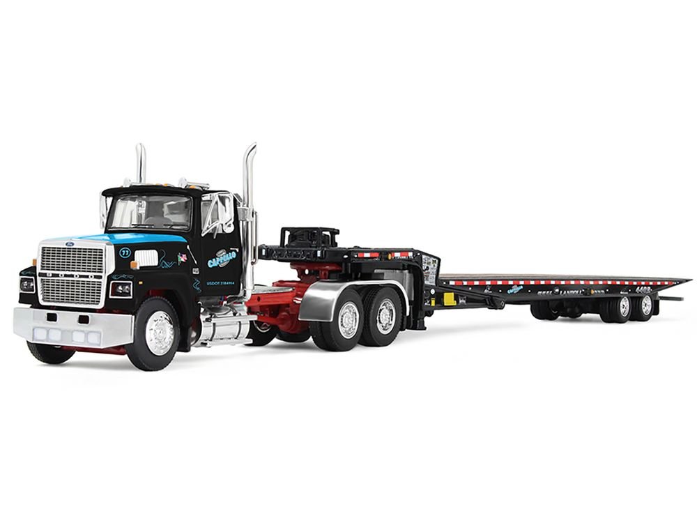 Ford LTL 9000 Day Cab and Landoll 440B-50CA Traveling Axle Trailer "Cappello Heavy Transport" Black with Blue Hood "Legacy" Series #3 1/64 Diecast Model by DCP/First Gear view 2