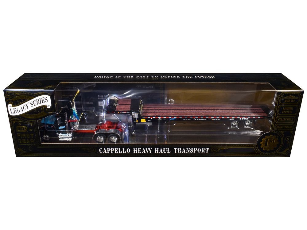 Ford LTL 9000 Day Cab and Landoll 440B-50CA Traveling Axle Trailer "Cappello Heavy Transport" Black with Blue Hood "Legacy" Series #3 1/64 Diecast Model by DCP/First Gear view 3