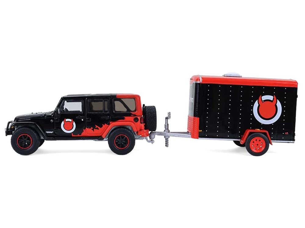 2012 Jeep Wrangler Unlimited "Diablo Sport" Black with Red Graphics and Small Cargo Trailer "Hitch & Tow" Series 33 1/64 Diecast Model Cars by Greenlight view 2