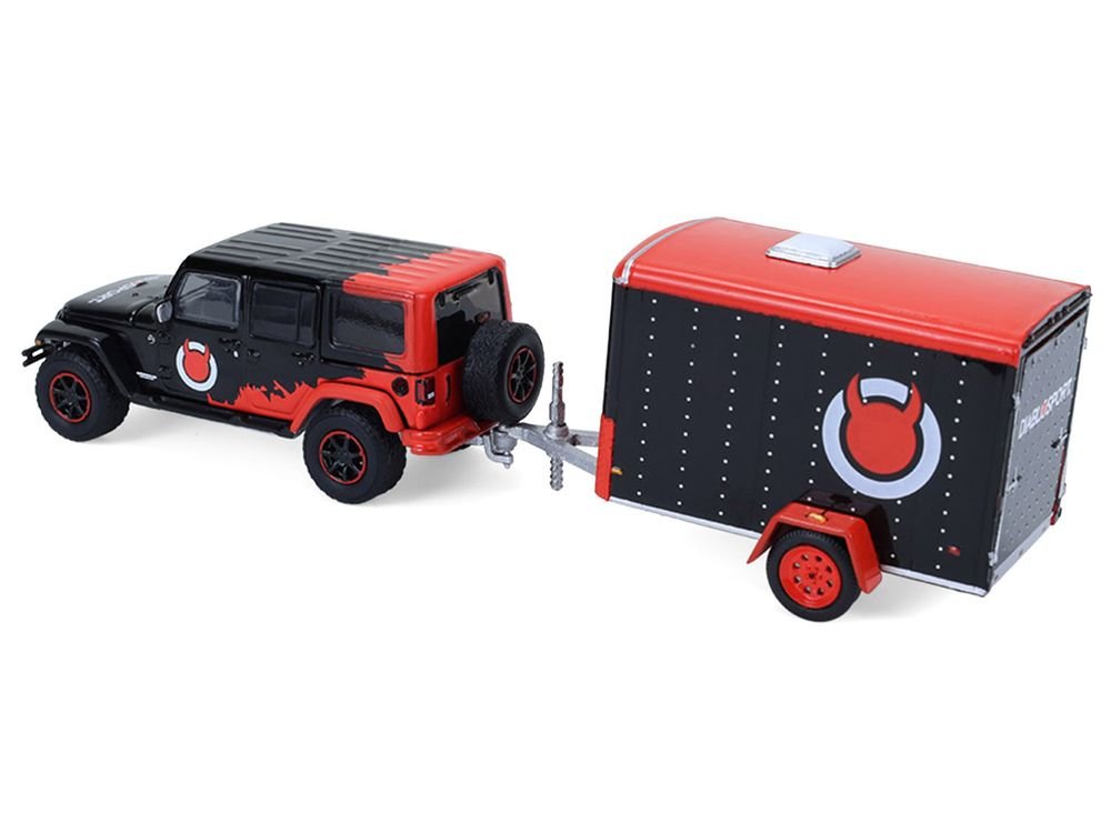 2012 Jeep Wrangler Unlimited "Diablo Sport" Black with Red Graphics and Small Cargo Trailer "Hitch & Tow" Series 33 1/64 Diecast Model Cars by Greenlight view 3