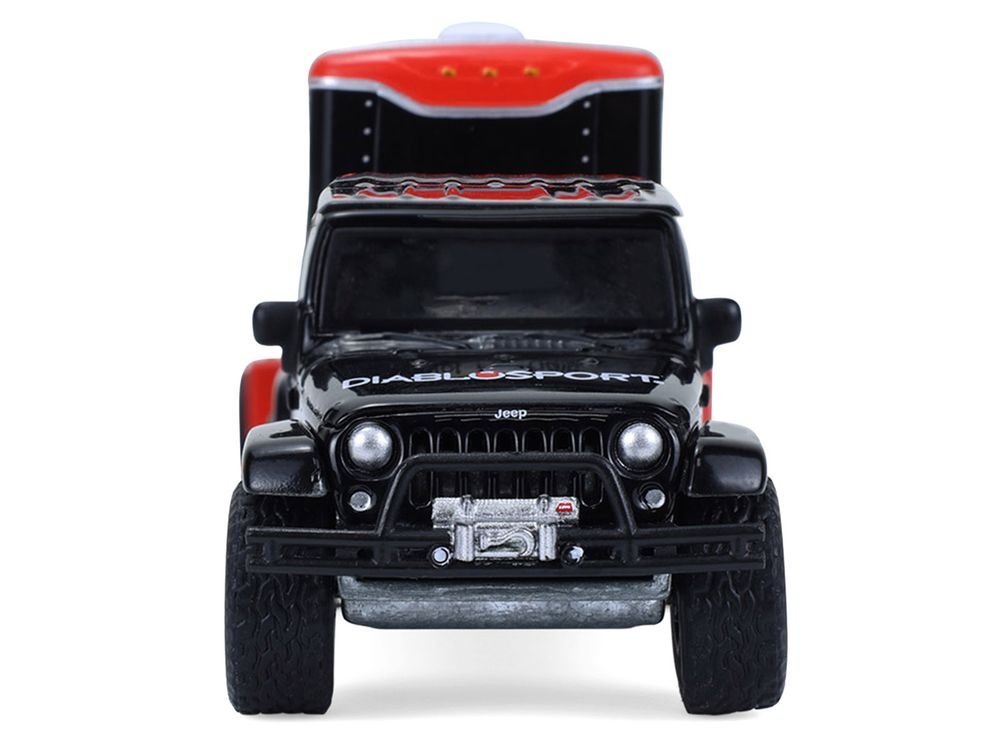 2012 Jeep Wrangler Unlimited "Diablo Sport" Black with Red Graphics and Small Cargo Trailer "Hitch & Tow" Series 33 1/64 Diecast Model Cars by Greenlight view 4