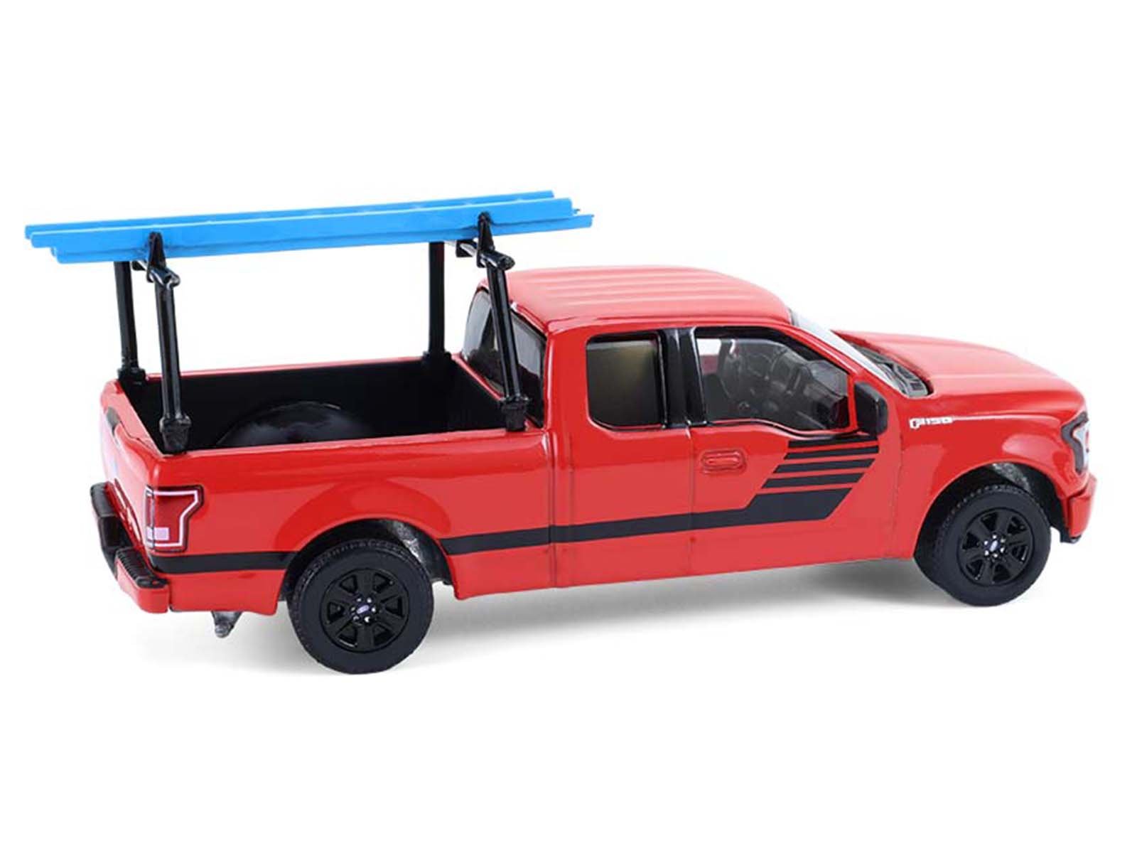 2015 Ford F-150 Pickup Truck with Ladder Rack Red with Black Stripes "Down on the Farm" Series 11 1/64 Diecast Model by Greenlight view 3