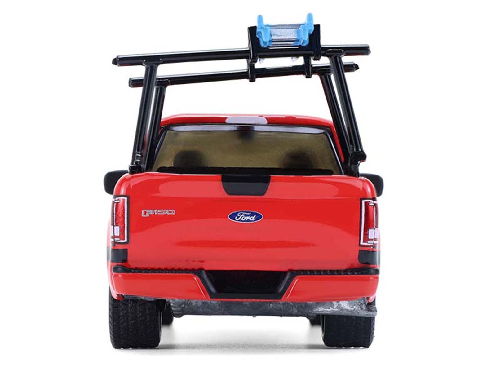 2015 Ford F-150 Pickup Truck with Ladder Rack Red with Black Stripes "Down on the Farm" Series 11 1/64 Diecast Model by Greenlight view 5