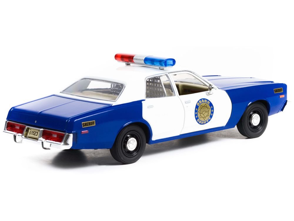 1975 Plymouth Fury "Osage County Sheriff" Blue and White 1/24 Diecast Model Car by Greenlight view 3