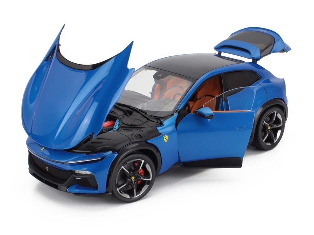 2022 Ferrari Purosangue Blu Corsa Blue Metallic with Black Top and Orange Interior 1/18 Diecast Model Car by Polistil view 2