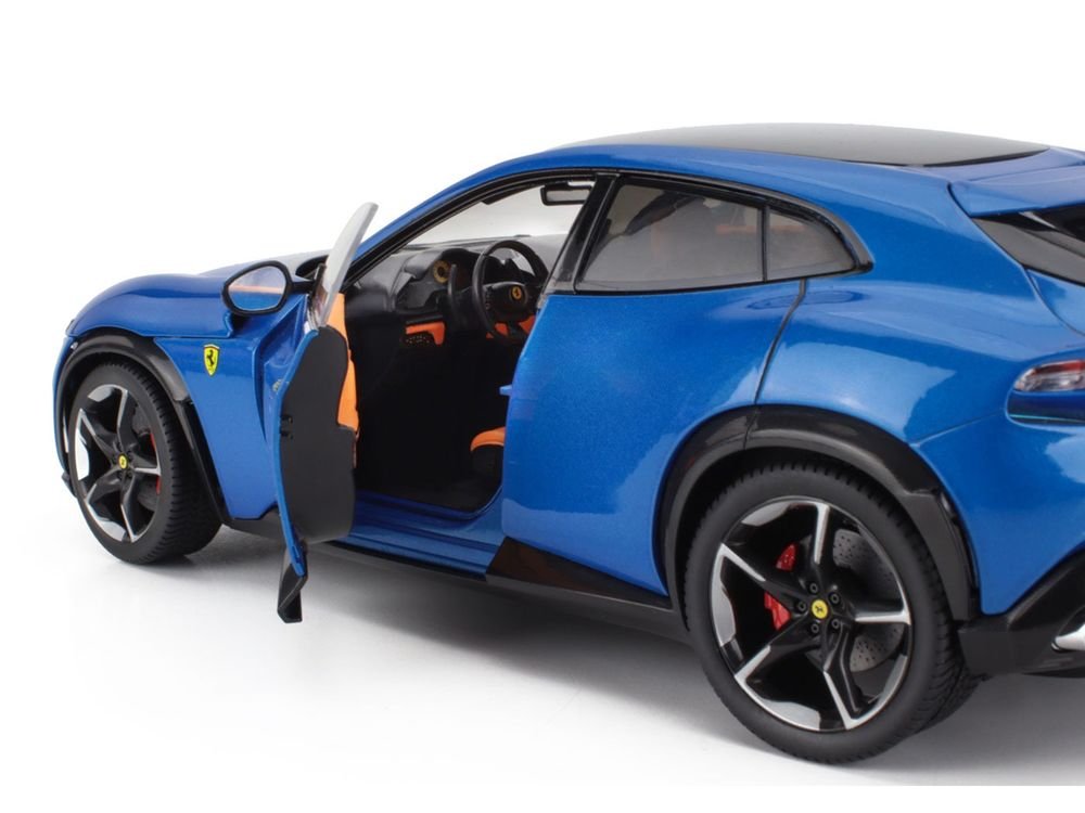 2022 Ferrari Purosangue Blu Corsa Blue Metallic with Black Top and Orange Interior 1/18 Diecast Model Car by Polistil view 3