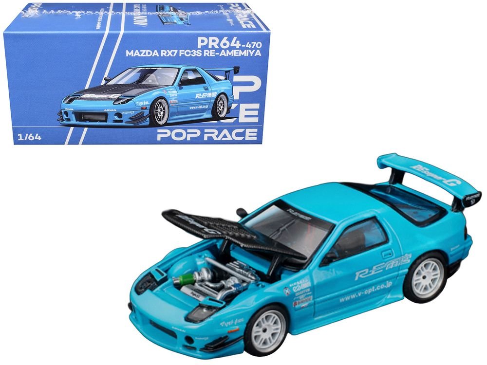 Mazda RX7 (FC3S) RE Amemiya RHD (Right Hand Drive) Light Blue with Carbon Hood "Tokyo Auto Salon 2026" 1/64 Diecast Model Car by Pop Race