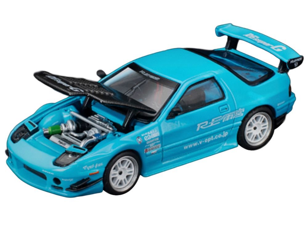 Mazda RX7 (FC3S) RE Amemiya RHD (Right Hand Drive) Light Blue with Carbon Hood "Tokyo Auto Salon 2026" 1/64 Diecast Model Car by Pop Race view 2