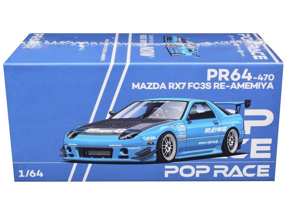 Mazda RX7 (FC3S) RE Amemiya RHD (Right Hand Drive) Light Blue with Carbon Hood "Tokyo Auto Salon 2026" 1/64 Diecast Model Car by Pop Race view 3