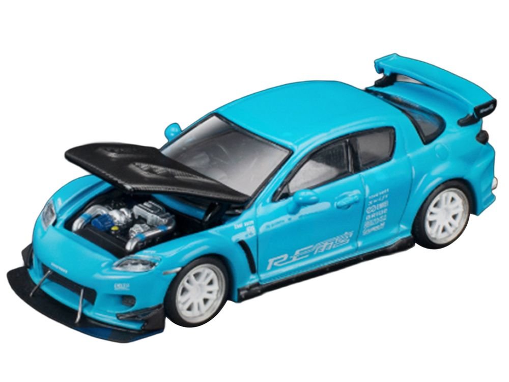 Mazda RX8 RE Amemiya RHD (Right Hand Drive) Light Blue with Carbon Hood "Tokyo Auto Salon 2026" 1/64 Diecast Model Car by Pop Race view 2