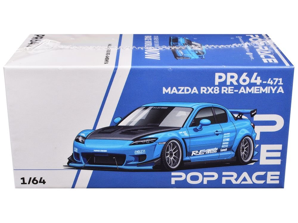 Mazda RX8 RE Amemiya RHD (Right Hand Drive) Light Blue with Carbon Hood "Tokyo Auto Salon 2026" 1/64 Diecast Model Car by Pop Race view 3