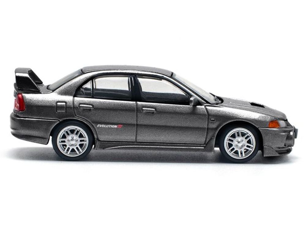 Mitsubishi Lancer Evolution IV RHD (Right Hand Drive) Dark Gray Metallic 1/64 Diecast Model Car by Pop Race view 3