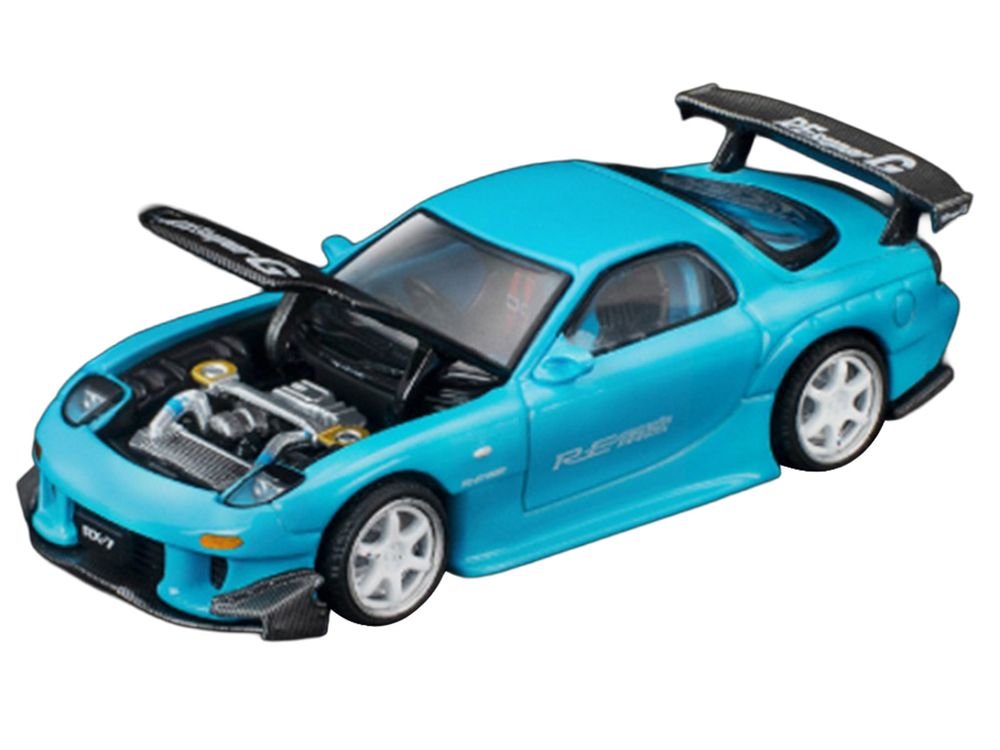 Mazda RX7 (FD3S) RE Amemiya RHD (Right Hand Drive) Light Blue with Carbon Hood "Tokyo Auto Salon 2026" 1/64 Diecast Model Car by Pop Race view 2