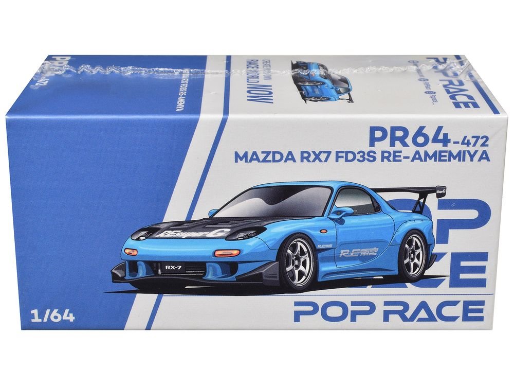 Mazda RX7 (FD3S) RE Amemiya RHD (Right Hand Drive) Light Blue with Carbon Hood "Tokyo Auto Salon 2026" 1/64 Diecast Model Car by Pop Race view 3