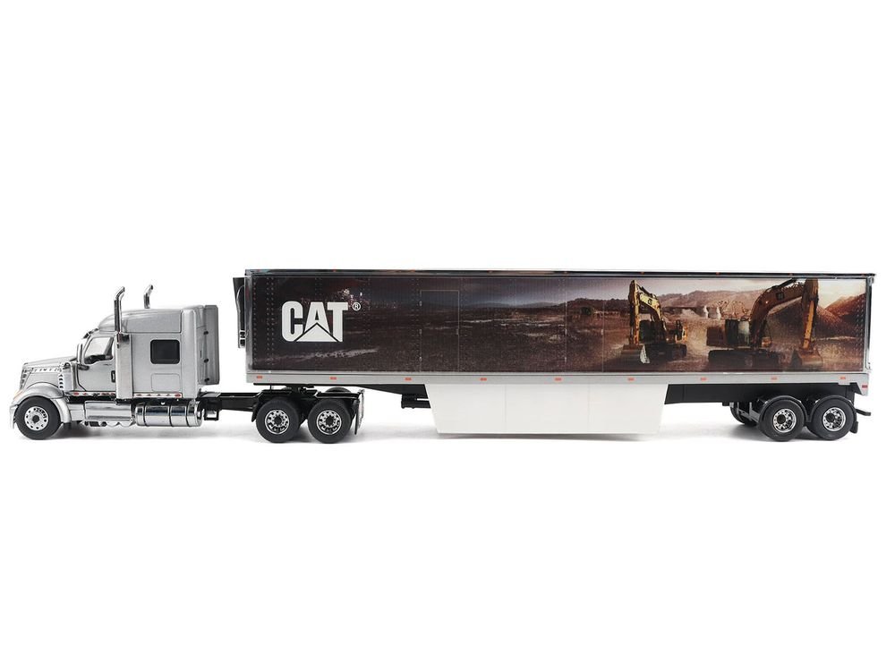 International Lonestar Truck with Sleeper Silver Metallic with "CAT Caterpillar" Mural Trailer "Transport Series" 1/50 Diecast Model by Diecast Masters view 2
