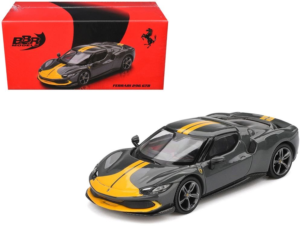 Ferrari 296 GTB Assetto Fiorano Grigio Scuro (Dark Gray) with Yellow Stripes 1/64 Diecast Model Car by BBR