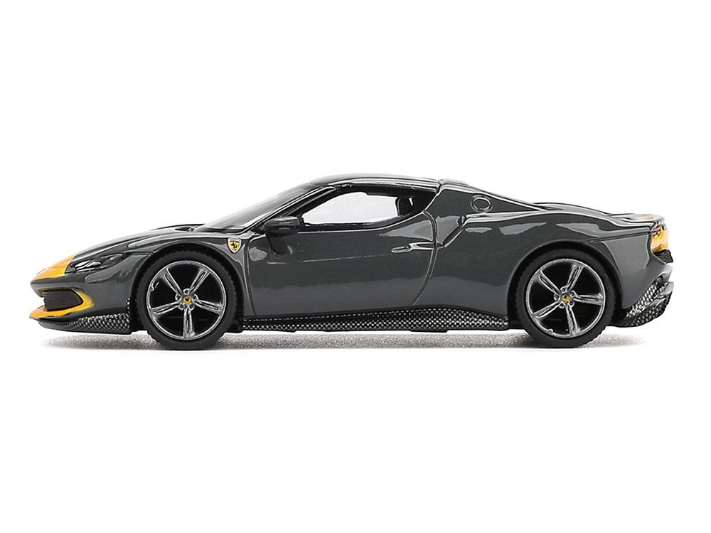 Ferrari 296 GTB Assetto Fiorano Grigio Scuro (Dark Gray) with Yellow Stripes 1/64 Diecast Model Car by BBR view 2