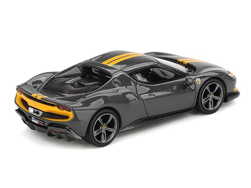 Ferrari 296 GTB Assetto Fiorano Grigio Scuro (Dark Gray) with Yellow Stripes 1/64 Diecast Model Car by BBR view 3