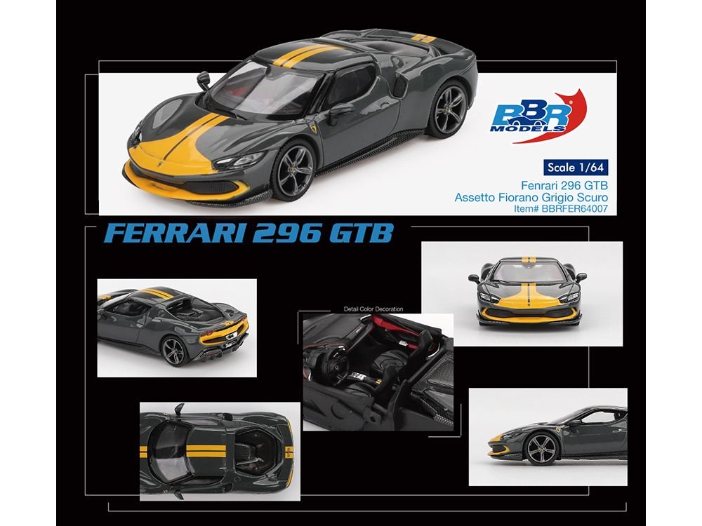 Ferrari 296 GTB Assetto Fiorano Grigio Scuro (Dark Gray) with Yellow Stripes 1/64 Diecast Model Car by BBR view 4