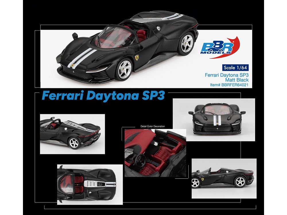 Ferrari Daytona SP3 Matt Black with White Stripes and Red Interior 1/64 Diecast Model Car by BBR view 4
