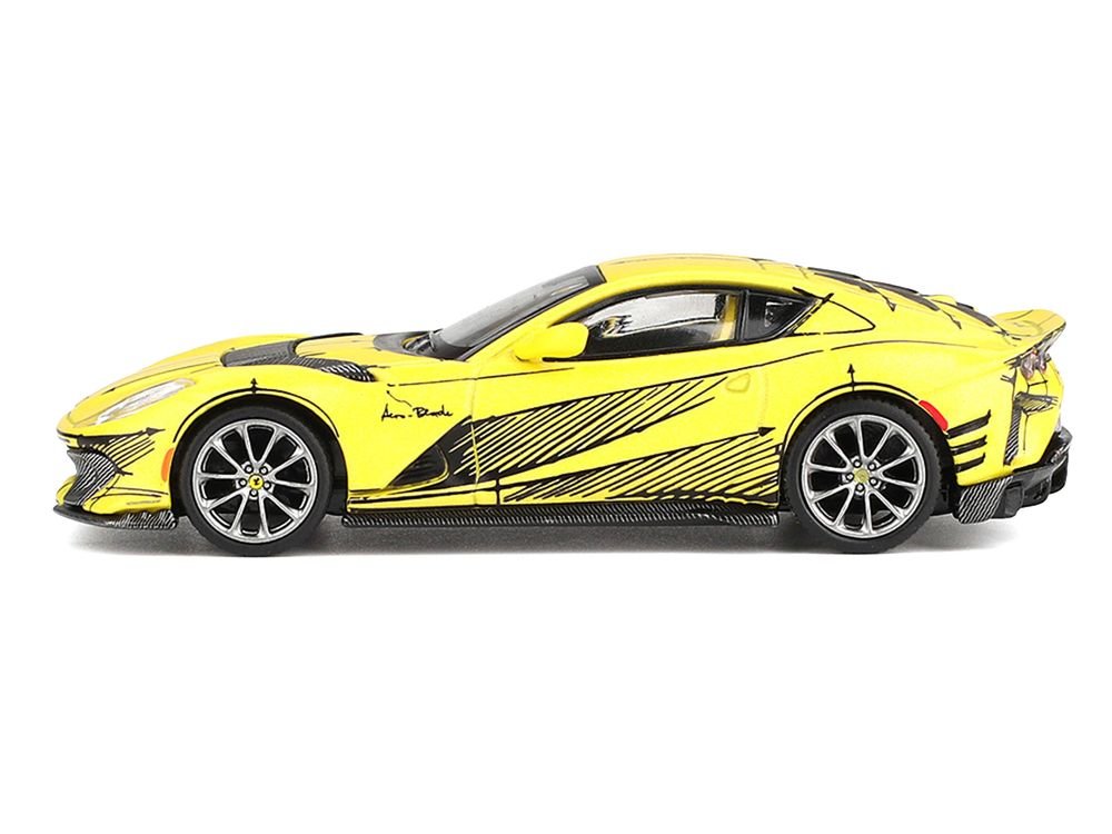 Ferrari 812 Competizione Matt Yellow with Graphics and Yellow Interior "Tailor Made" 1/64 Diecast Model Car by BBR view 2