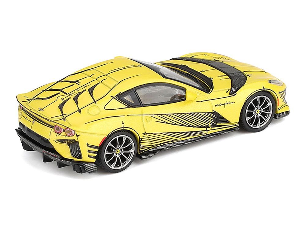 Ferrari 812 Competizione Matt Yellow with Graphics and Yellow Interior "Tailor Made" 1/64 Diecast Model Car by BBR view 3
