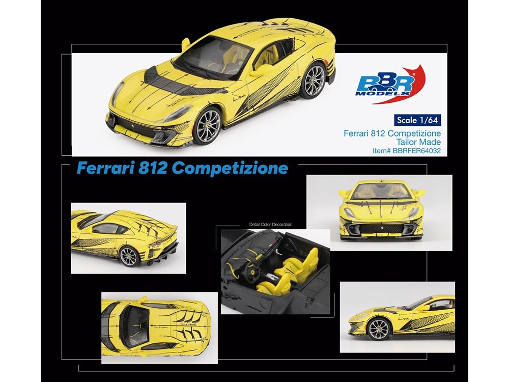 Ferrari 812 Competizione Matt Yellow with Graphics and Yellow Interior "Tailor Made" 1/64 Diecast Model Car by BBR view 4