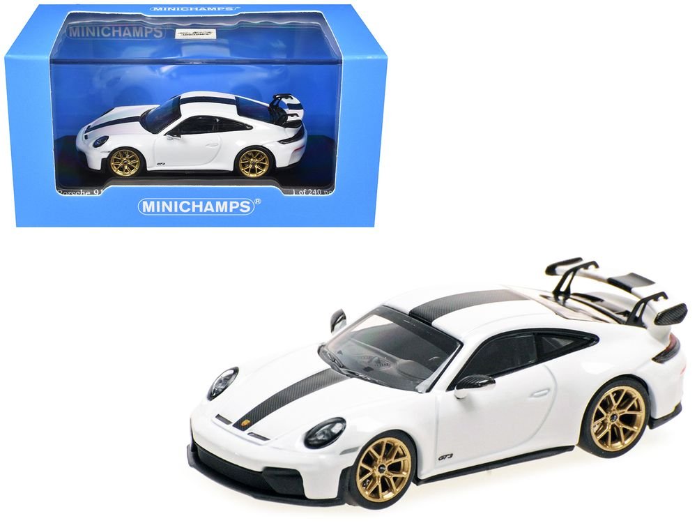 2025 Porsche 911 (992.2) GT3 Weissach Package White with Carbon Stripe Limited Edition to 240 pieces Worldwide 1/64 Diecast Model Car by Minichamps