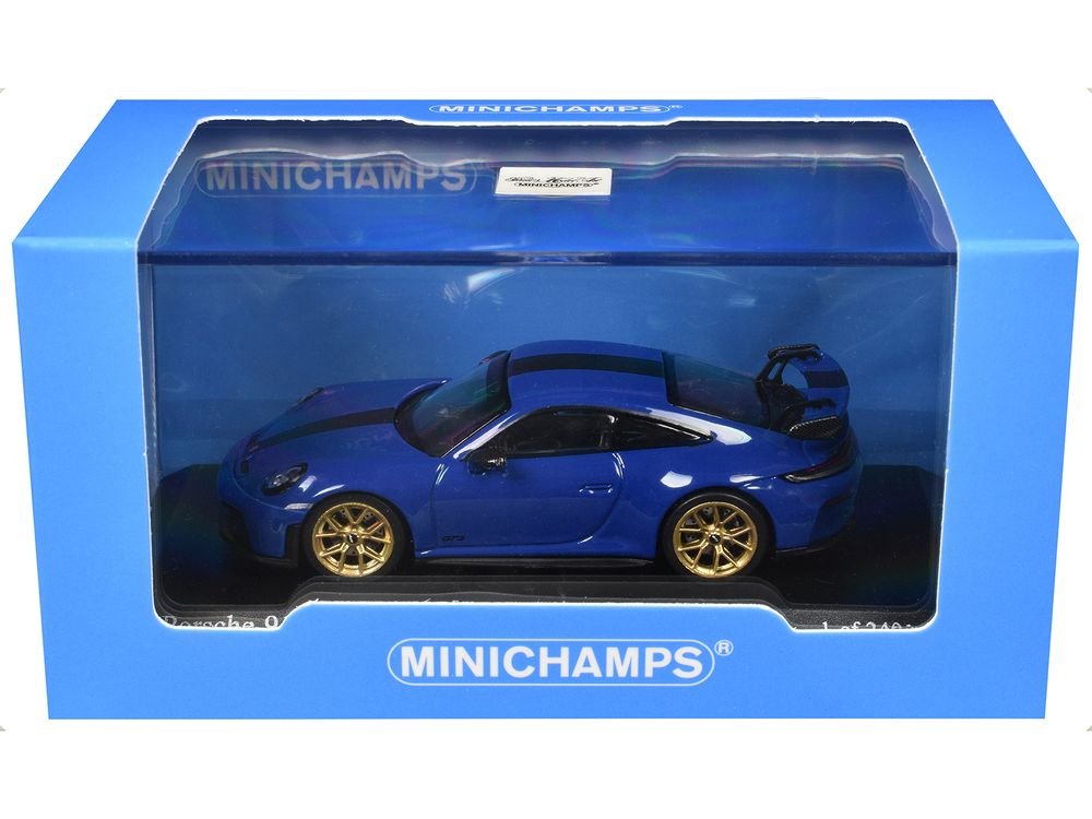 2025 Porsche 911 (992.2) GT3 Weissach Package Blue with Carbon Stripe Limited Edition to 240 pieces Worldwide 1/64 Diecast Model Car by Minichamps view 3