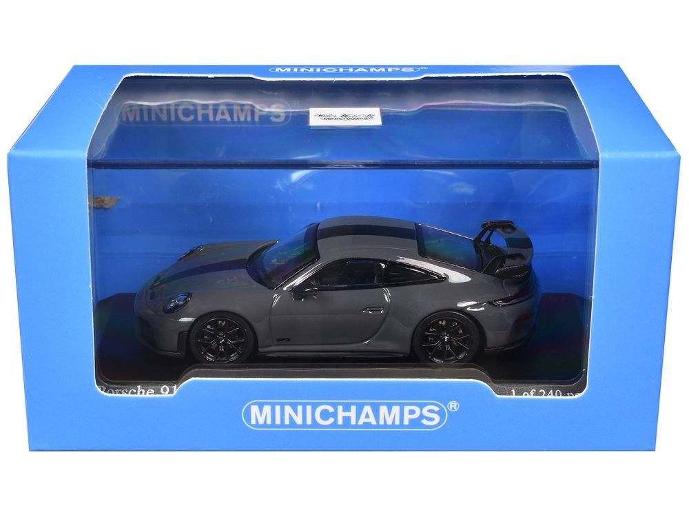 2025 Porsche 911 (992.2) GT3 Weissach Package Gray with Carbon Stripe Limited Edition to 240 pieces Worldwide 1/64 Diecast Model Car by Minichamps view 3