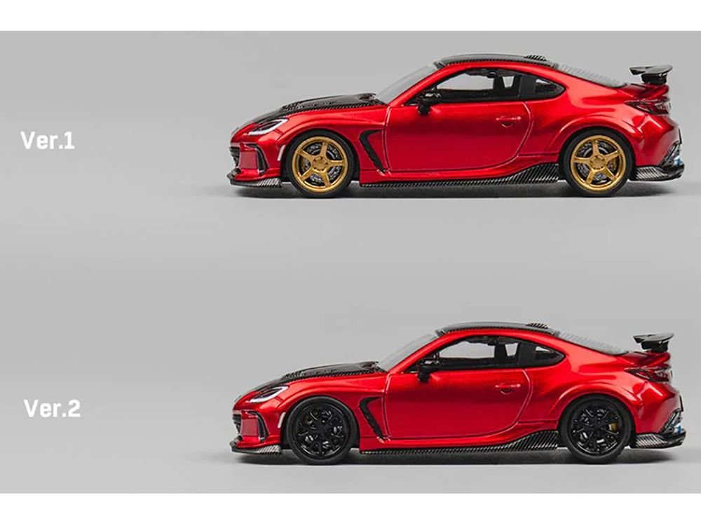 Subaru BRZ Varis Arising-1 RHD (Right Hand Drive) Red Metallic with Carbon Hood and Top and Extra Wheels 1/64 Diecast Model Car by CM Model view 3