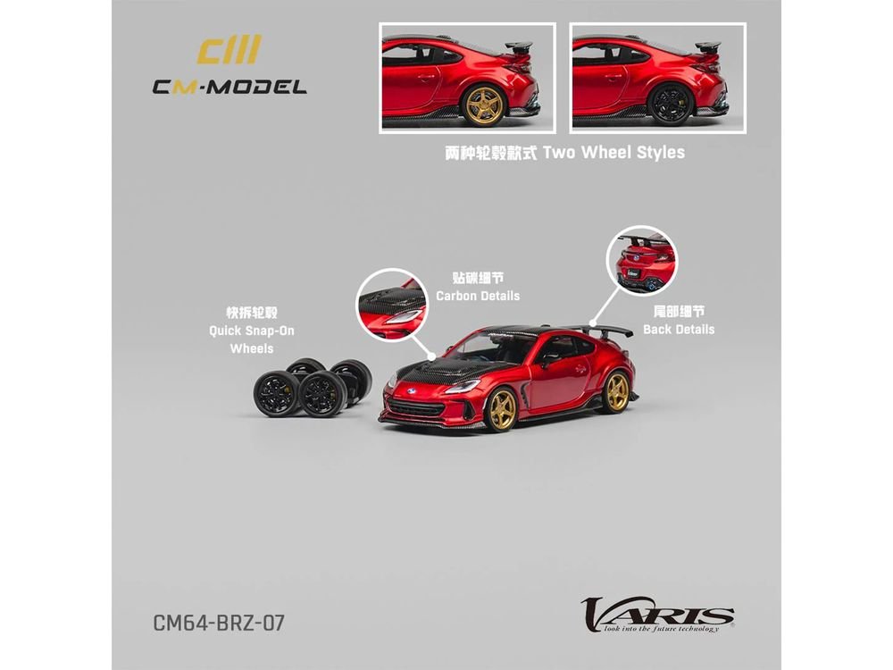 Subaru BRZ Varis Arising-1 RHD (Right Hand Drive) Red Metallic with Carbon Hood and Top and Extra Wheels 1/64 Diecast Model Car by CM Model view 4