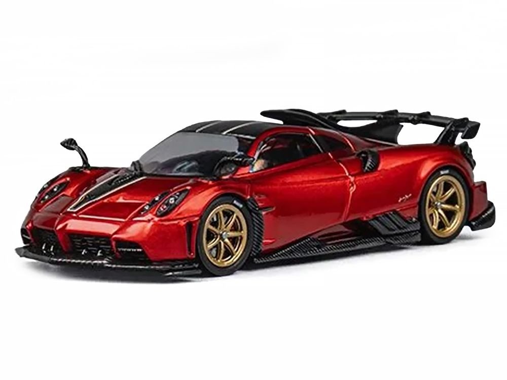 Pagani Imola Red Metallic with Carbon Top and Stripes with Extra Wheels 1/64 Diecast Model Car by CM Model view 2