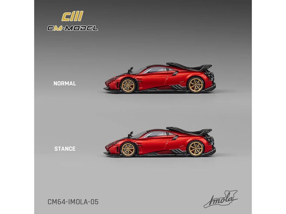 Pagani Imola Red Metallic with Carbon Top and Stripes with Extra Wheels 1/64 Diecast Model Car by CM Model view 4