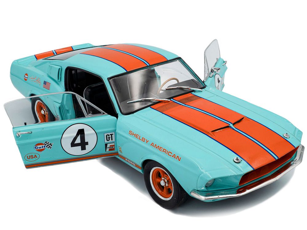 1967 Shelby GT500 #4 "Gulf Racing Tribute" Light Blue with Orange Stripes 1/18 Diecast Model Car by Solido view 2