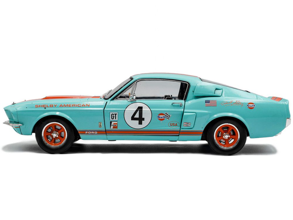 1967 Shelby GT500 #4 "Gulf Racing Tribute" Light Blue with Orange Stripes 1/18 Diecast Model Car by Solido view 3