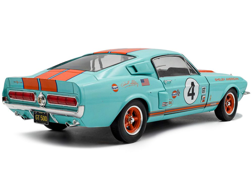 1967 Shelby GT500 #4 "Gulf Racing Tribute" Light Blue with Orange Stripes 1/18 Diecast Model Car by Solido view 4