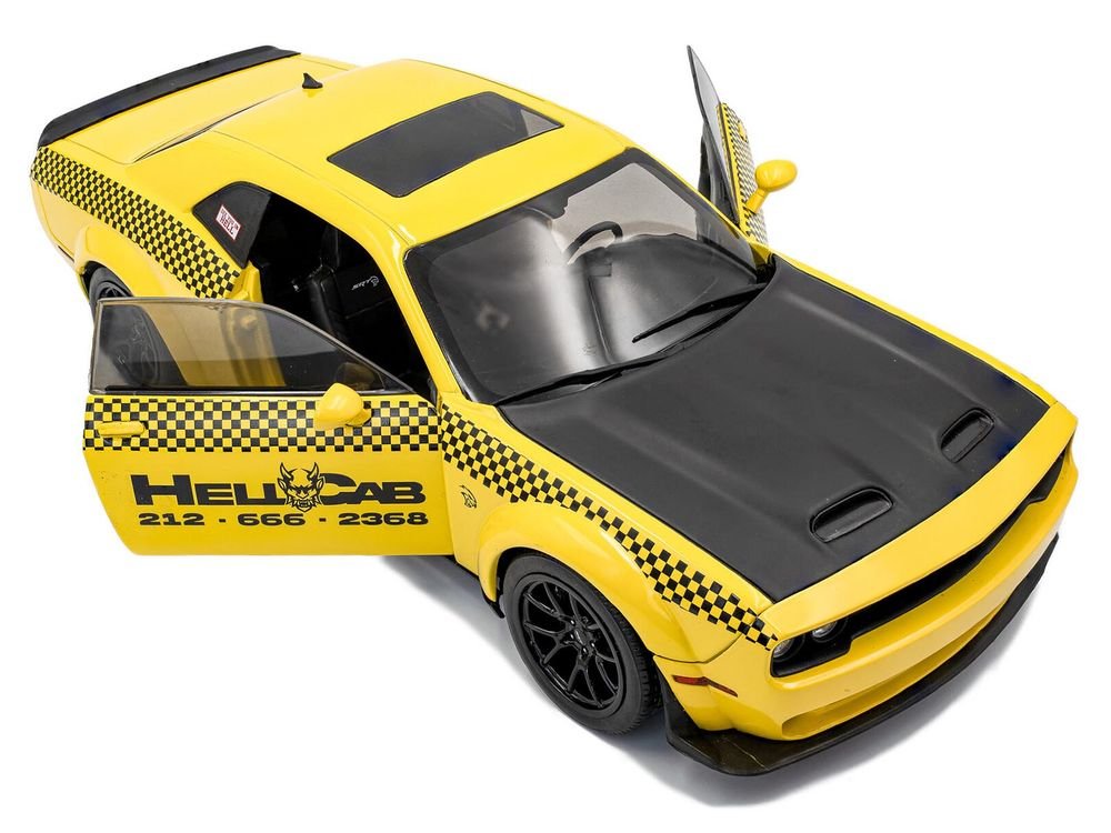2023 Dodge Challenger SRT Hellcat Redeye Widebody Taxi "NYC Hellcab" Yellow with Black Hood and Graphics 1/18 Diecast Model Car by Solido view 2
