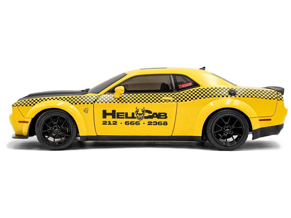 2023 Dodge Challenger SRT Hellcat Redeye Widebody Taxi "NYC Hellcab" Yellow with Black Hood and Graphics 1/18 Diecast Model Car by Solido view 3
