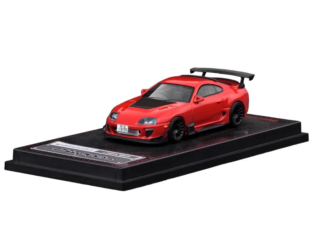 Toyota Supra (JZA80) RZ RHD (Right Hand Drive) Red with Carbon Hood 1/64 Diecast Model Car by Ignition Model view 2